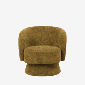 Fauteuil design en tissu chenille kaki, au dossier arrondi et à la base circulaire, alliant confort moelleux et esthétique contemporaine