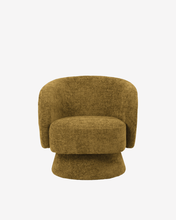Fauteuil design en tissu chenille kaki, au dossier arrondi et à la base circulaire, alliant confort moelleux et esthétique contemporaine