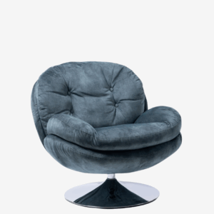 Fauteuil Memento en velours effet vieilli couleur pétrole, avec dossier capitonné, assise généreuse et base pivotante en métal chromé, au design rétro et enveloppant.