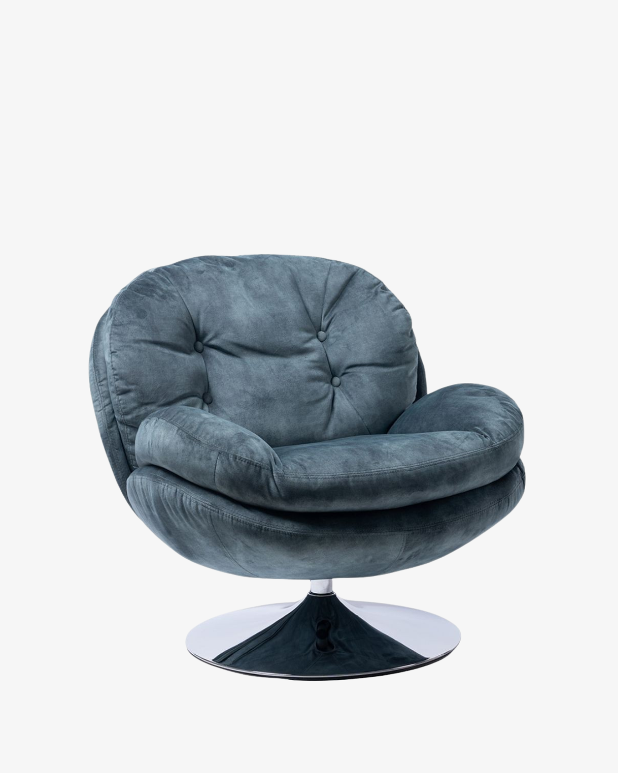 Fauteuil Memento en velours effet vieilli couleur pétrole, avec dossier capitonné, assise généreuse et base pivotante en métal chromé, au design rétro et enveloppant.