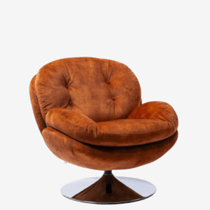 Fauteuil Memento pivotant en velours effet vieilli couleur Fox, au design enveloppant avec dossier incliné et assise généreusement rembourrée sur base ronde chromée