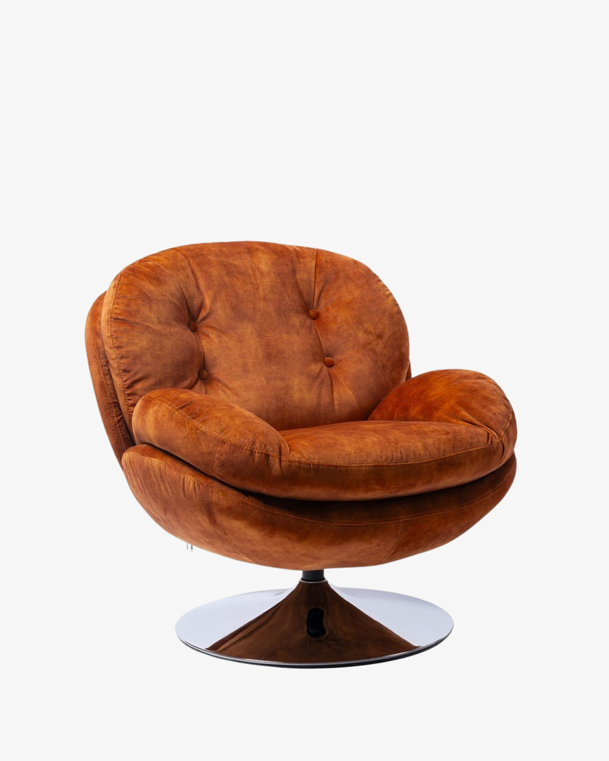 Fauteuil Memento pivotant en velours effet vieilli couleur Fox, au design enveloppant avec dossier incliné et assise généreusement rembourrée sur base ronde chromée